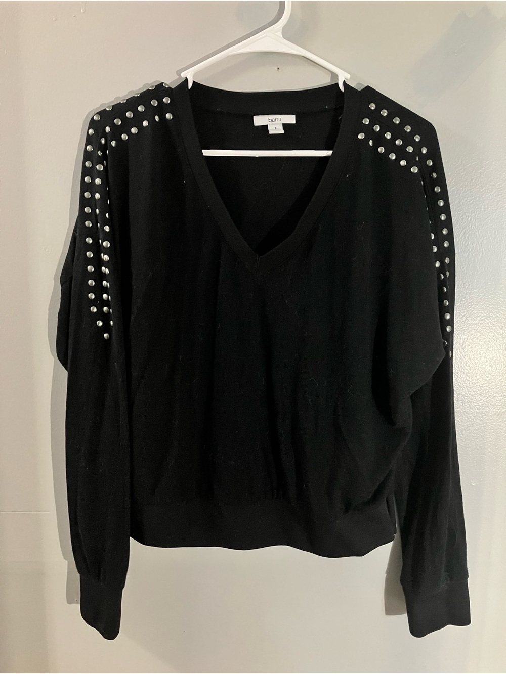 Bar III Black V‑Neck Sweater with Silver Studs